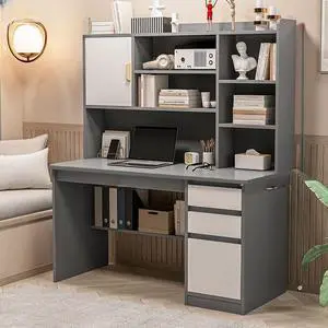 Baycheer Gray Computer Desk with Storage Shelf, Wooden Writing Desk with Hutch, 3 Drawers, Ergonomic Home Office Desk,for Bedroom, Study