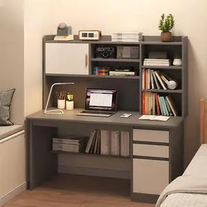 Baycheer 39'' Desk with 3 Drawers Home Office Gray Computer Desk with 5-Cubby Hutch Storage Shelves Bookshelves, Easy Assemble