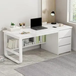 Baycheer Modern Computer Desk Home Office Desk Writing Desk with Storage Shelf Gaming Desk with 3 Drawers Ideal for Study, Writing, PC Work, and Gaming