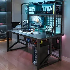 Baycheer 47'' Gaming Desk Computer Desk with Storage Shelves and Large PC Gamer Desk Workstation for Home Office, Gaming Table Gridding Included for Bedroom, Black