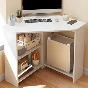 Baycheer Corner Desk for Small Space, Wood Corner Computer Desk, Compact Writing Table with Storage Shelves and CPU Storage , Space Saving Study Workstation, Laptop PC Corner Table for Home Office