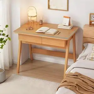 Baycheer 39'' Mid Century Modern Desk Wood Home Office Writing Computer or Laptop Desk  Vanity Desk with 2 Drawers and Headphone Hook,Natural