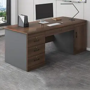 Baycheer 55 Inch Farmhouse Executive Desk with 4 Locking Drawers and Storage Cabinet, Rustic Industrial Business Furniture Desk Workstation for Home Office,Brown