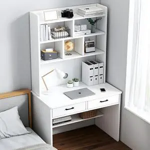 Baycheer Home Office Wood Computer Desk with 2 Drawers, Students Writing Table with Storage Drawers & Hutch, Modern PC Laptop Desk, Multifunctional Workstation, White