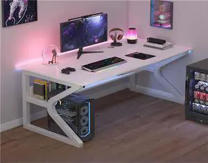 Baycheer Modern Simple Style Gaming Desk K-Shaped Computer Desk PC Computer Table Home Office Desk Ergonomic Gamer Workstation with Storage Shelves,White,55''
