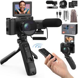 Digital Camera with Creator Accessory Kit 48MP 4K Video Camera for Vloggers Remote Control Autofocus Flip Screen Camcorder Photography Cameras with Tripod Grip, Wide-angle & Macro lens, Mic, Batteries