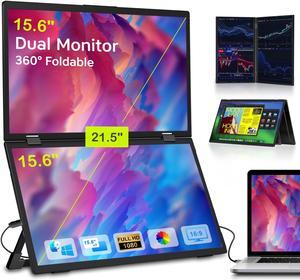 Triple Laptop Screen Extender 15.6'' 1080P HD IPS Stacked Folding Dual Monitors 360° Rotation Plug & Play Portable Monitor for Laptop Compatible with Mac, Windows, VESA Mountable