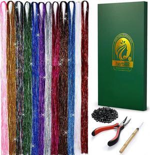 Hair Tinsel Kit with Tools 12 Colors 2400 Strands Fairy Hair Tinsel Strands Sparkling Shiny Hair Extensions Colored Party Highlights MultiColours Extensions with Plier