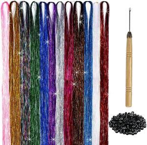 Hair Tinsel Kit 12 Colors 47inch 2400 Strands Silver Glitter Extensions Heat Resistant Party MultiColours Without Plier Herbiar