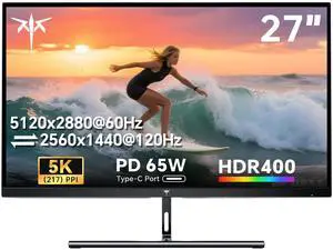KTC 27 Inch 5K Monitor, 5120 x 2880 5K2K Monitor with 65W Type-C Port, Dual Mode Computer Monitors Compatible with Mac mini, IPS Panel, HDR 400, 217 PPI, 135% sRGB, HDMI DisplayPort, Tilt, H27P3
