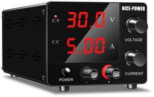 NICE-POWER DC Power Supply Variable, 30V 5A Adjustable Switching Regulated Power Supply with Encoder, Upgraded 3-Digits LED Display, Mini Regulated DC Bench Power Supply