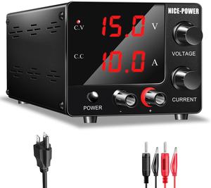 NICE-POWER DC Power Supply Variable 0~30V 0~10A, 3-Digits LED Display Current and Voltage Adjustable 150W Fixed with Encoder DC Bench Power Supply 15V 10A/30V 5A,Electroplating DIY etc DC Power Supply