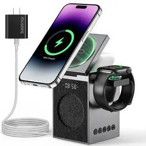 MUSEEQ 3-in-1 Wireless Charger with Bluetooth 6.0 Speaker, Alarm Clock & Conference Mic, Magnetic Charging Stand for iPhone, AirPods, Apple Watch Grey, (Adapter Included) MUSEEQ 3-in-1 Wireless Charger with Bluetooth 6.0 Speaker, Alarm Clock & Conference Mic, Magnetic Charging Stand for iPhone, AirPods, Apple Watch Grey, (Adapter Included)