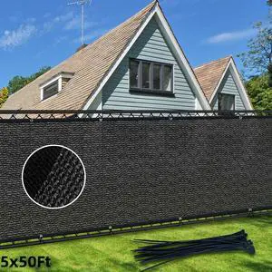 HOPDAY Fence Privacy Screen, 5'x50' Outdoor Balcony Shade Cloth with 90% Shade Rating, 170 GSM Polyethylene Fabric Black, 80PCS Zip Ties Included