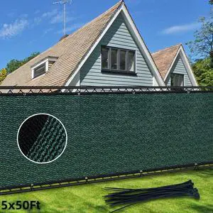 HOPDAY Fence Privacy Screen, 5'x50' Outdoor Balcony Shade Cloth with 90% Shade Rating, 170 GSM Polyethylene Fabric Green, 80PCS Zip Ties Included