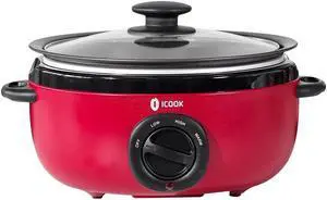 HOPDAY 6.5 Quart Slow Cooker, Aluminium Sear/Sauté Stew Pot Stovetop Safe, Dishwasher Safe, Glass Lid, Adjustable Temp, Food Warmer (Red)