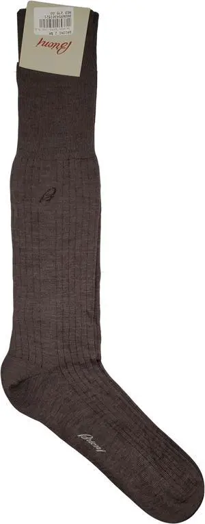 Brioni Men's Brown 100% Wool Ribbed Knit Long Socks