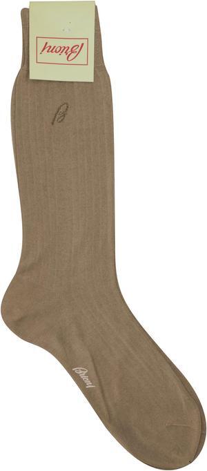 Brioni Men's Light Brown 100% Cotton Ribbed Knit Logo Socks (11)