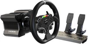 MOZA R5 All-in-One PC Gaming Racing Simulator 3PCS Bundle: 5.5Nm Direct Drive Wheel Base, 11-inch Racing Wheel, Anti-Slip Pedals and a Desk Clamp, Cloud-based App Control