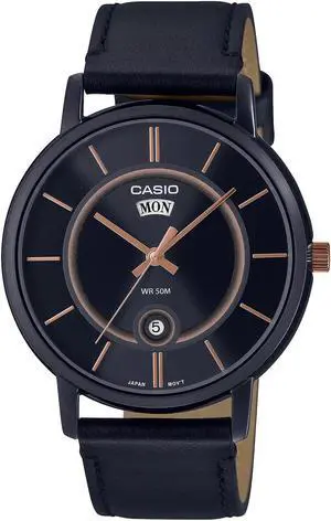 Casio Men's Stainless Steel Analog Leather Strap Watch, Black Dial
