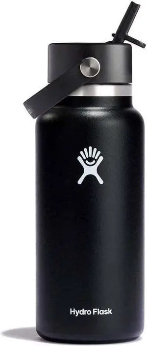 Hydro Flask 32 Oz Stainless Steel Wide Mouth Water Bottle with Flex Straw Lid, Black