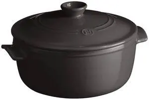 Emile Henry Ceramic Finish Flame Round Stewpot Dutch Oven, 4.2 Quart, Charcoal