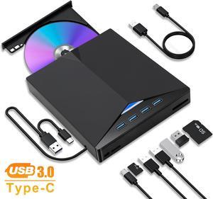 7 in 1 USB 3.0 Multi-function External CD/DVD Drive - Type-C CD/DVD +/-RW Player Reader Writer Burner, 4 USB Ports, Support SD/TF Card, Optical CD DVD Drive  (Black)