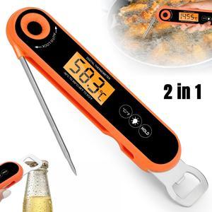 Instant Read Digital Food Thermometer - Foldable Food-Grade Stainless Steel Probe with Bottle Opener for Kitchen, BBQ, Grill (Orange /Black)