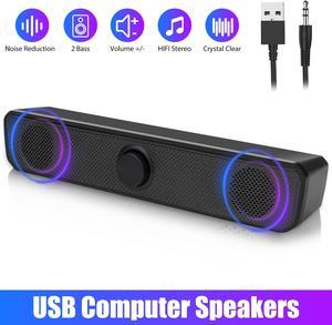 3.5mm USB Wired Computer Soundbar - Stereo Bass 2.0 Speakers with Volume Control for PC, Laptop, Desktop (Black)