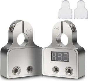 2 Pcs Car Battery Terminal Connectors Kit - featuring a built-in LED Display Voltmeter. Ideal for 0/4/8/10 gauge AWG, this kit offers the versatility to connect multiple terminals of different sizes