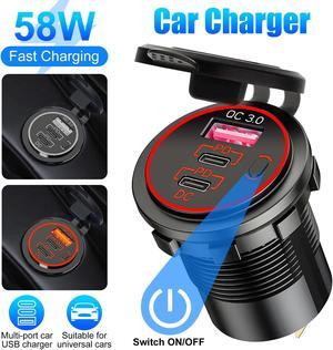USB C Outlet Charger - Two 20W USB-C PD and 18W QC3.0 Socket Waterproof Power Outlet 12V/24V with Power Switch for Car Boat Bus Truck RV Motorcycle