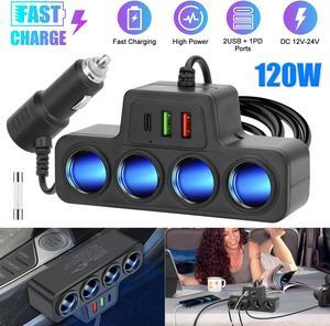 7-in-1 120W High Power Fast Charging Car Charger Adapter with 4-Way Splitter and Triple USB Ports for 12V/24V Vehicles (Black)