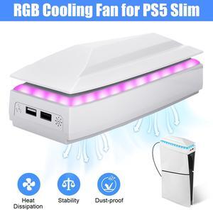 RGB Cooling Fan System with Dust Cover for PS5 Slim - 3 Adjustable Speeds, Dual Fans, 6 Lighting Modes, and 2 USB Ports (White)