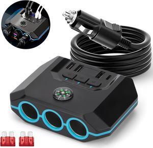 7-in-1 Car Charger Power Adapter - 3 Way Cigarette Lighter Socket Splitter with 4 USB Ports including PD and QC, LED Voltage Display for 12V/24V Vehicles