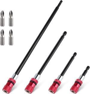 NSI 4Pcs Steel Drill Extension Bit Holder Set - 12'' 6'' 4'' 2'' Magnetic Drill Screwdriver Bit Extender 1/4 inch Hex Bit Holder, Impact Driver Extension Adjustable Depth Screwdriver
