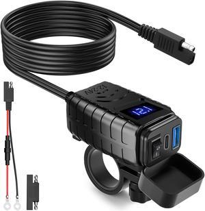 Motorcycle Dual USB Charger Adapter - Dual USB Type C PD & Quick Charge 3.0 Motorcycle USB Charger with Voltmeter & ON/Off Switch, Fast Charger  for DC12V-24V vehicles (blue)