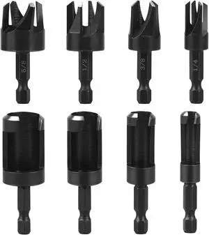 NSI 8 Pcs Wood Plug Cutter Drill Bit Set - 1/4" Hex Shank, Carbon Steel Straight & Tapered Cutting Tools for Woodworking (1/4", 5/16", 3/8", 1/2")