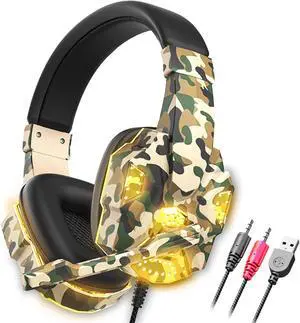 CELECTIGO 3.5mm Wired Over-Ear Headphones - with 7.1 Surround Sound, PC Headset with Noise Canceling Mic & LED Light, H3 Over Ear Headphones for Nintendo Switch, PS5, Xbox One, Laptop (Camo Yellow)