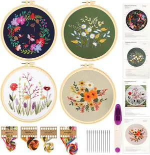 NSI Embroidery Starter Kit with Floral Patterns - Complete DIY Set with 4 Patterned Cotton Cloths, 2 Bamboo Hoops, Threads, Needles & Instructions - Ideal Gift & Home Decor