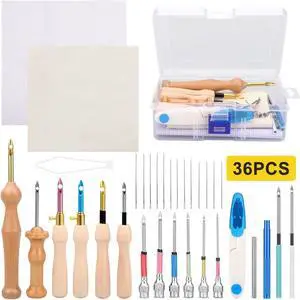 NSI 36 Pcs Punch Needle Kit - Includes Wooden & Metal Handle Punch Needles, Monk's Cloth, Cross Stitch Cloth, Blunt Needles & Organizer Box,Perfect for Beginners and Handmade Crafts