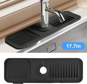 NSI 17.7 inches Silicone Faucet Mat - Splash Guard with Incline Slope, Ideal for Keeping Kitchen and Bathroom Sinks Dry and Organized (Black)