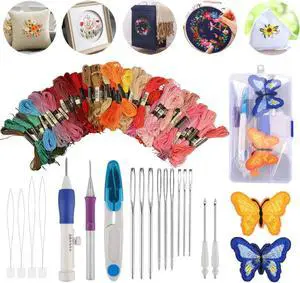 NSI 23 PCS DIY Embroidery Pen Knitting Sewing Tool Kit - Beginner Needle Punching Kit with 50 Color Threads, 3 Interchangeable Needles, Storage Box & Accessories,Perfect Craft Gift