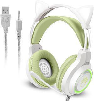 NSI Cat Ear Wired Gaming Headset - Noise Cancelling Over-Ear Headphones with RGB Lights and Microphone for PC, PS4, Xbox, Nintendo Switch, and More (Green/White)