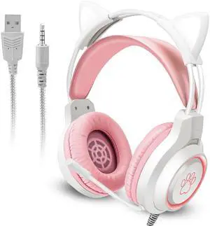 NSI Cat Ear Wired Gaming Headset - Noise Cancelling Over-Ear Headphones with RGB Lights and Microphone for PC, PS4, Xbox, Nintendo Switch, and More (Pink/White)
