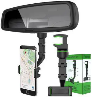 NSI Car Phone Holder, TSV Cell Phone Mount for Car Rearview Mirror, Universal Adjustable Phone Stand Car Back Seat Rear View Bracket Compatible (Green/Black)
