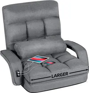 STHOUYN Comfy Floor Chair Bedroom 2 USB Charging Ports, 5-Position Couch Gaming Lounge Chairs Adults, Indoor Folding Lazy Sofa Meditation Arm Dorm Chair Living Room (Grey)