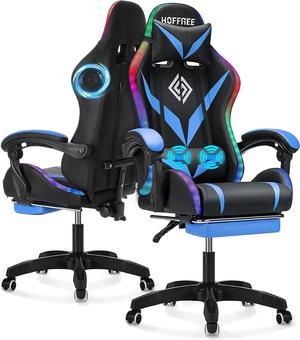 Massage Gaming Chair with Bluetooth Speakers and RGB LED Lights Ergonomic Computer Gaming Chair with Footrest Video Game Chair High Back with Lumbar Support Blue and Black