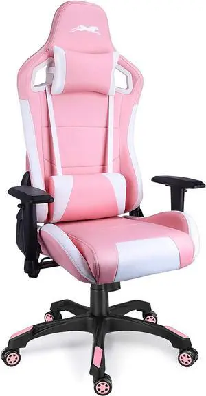 Leopard Gaming Chair, High Back PU Leather Office Chair, Adjustable Video Gaming Chairs, Swivel Racing Chair with Adjustable Armrest (White/Pink)