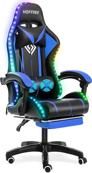 Gaming Chair with LED RGB Lights and Massage Ergonomic Computer Gaming Chair with Footrest High Back Video Game Chair with Adjustable Lumbar Support Armrest Blue and Black