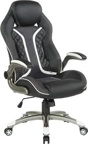 OSP Home Furnishings Xplorer 51 Ergonomic Adjustable High Back Gaming Chair with Lumbar Support and Padded Flip Arms, Black Faux Leather with White Trim